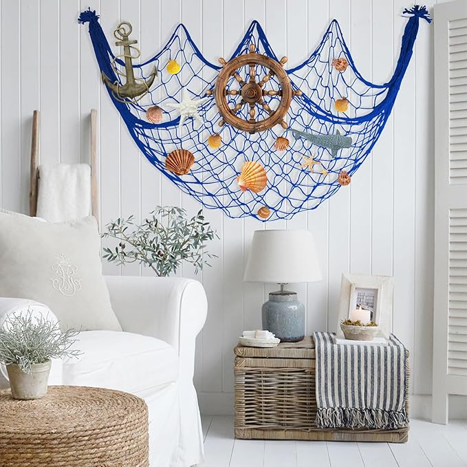80x40 Inch Decorative Fishing Net w/Shells & Clips, 3mm Thickness Navy Blue Natural Cotton Large Photo Hanging Fishnet, Wall Party Decorations for Nautical Pirate Hawaii Mermaid Themed Party