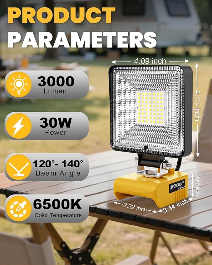 LIVOWALNY 30W LED Work Lights Compatible with Dewalt Battery, 2PCS 3000LM Flashlight with USB A & USB C Output Port Low Voltage Protection, Cordless Portable Floodlight for Camping, Emergency, Outdoor
