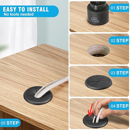 2" Black Desk Grommet, JTemgle Flexible Cable Grommet with Bi-Metal Hole Saw Rubber Cable Hole Cover Wire Organizer Caps Desktop Cord Management for Home Office TV Stands Tabletops, 7 Pieces