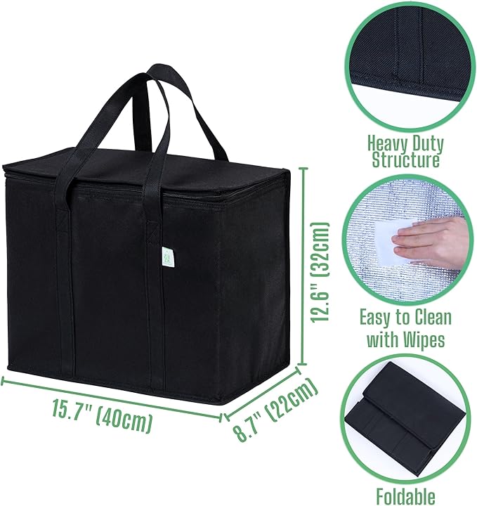 VENO 2 Pack Cooler Bags - Insulated for Food Delivery, Collapsible and Reusable Shopping Bags with Zipper, Foldable, Heavy-Duty, Stands Upright - Ideal for Groceries (Black, 2 Pack)