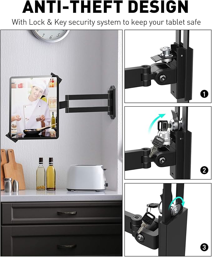 AboveTEK Tablet Wall Mount - 360° Rotation Tablet Holder Stand with Extension Arm, Anti-Theft Kitchen Mount Fits 7"-11" Tablets Including iPad Pro/Air/Mini, Galaxy Tab - Security Lock & Key - (Black)