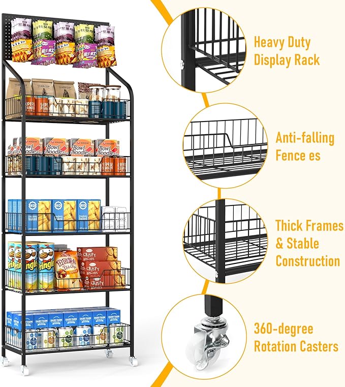 Retail Snack Display Stand,5-Tier Black Metal Storage Shelf Brackets with Wheels & Hooks,Metal Storage Shelves Heavy Duty, Retail Display Shelves Racks,Snack Organizer Stand Display Supplies