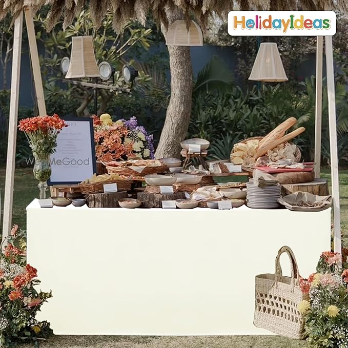 HolidayIdeas Fitted Tablecloths for 8 Foot Rectangle Table, Wrinkle Resistant Washable Table Cover 30x96 Inch for Vendor Booth Display, Banquet, Trade Show, Beige, 4 Pcs