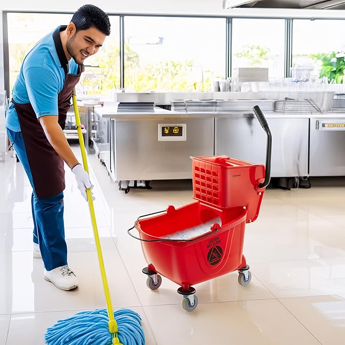Dryser Commercial Mop Bucket with Side Press Wringer, 26 Quart, Red