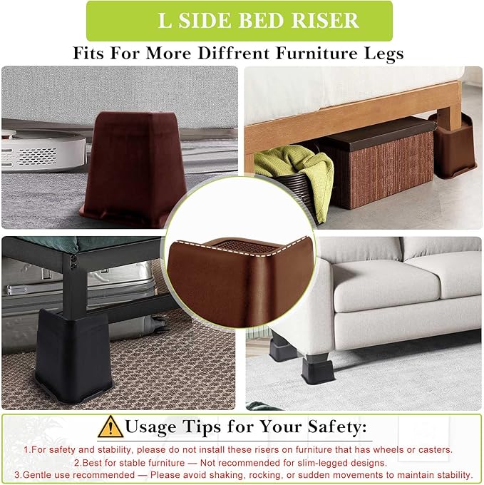 Bed Risers 1 inch, 2 inch, 3 inch, 4 inch, 6 inch, 8 inch Heavy Duty, Oversized Furniture Riser for Couch Sofa Table Chair Leg Frame Dorm, Support up to 6000 Lbs (Chocolat Brown 4 Pack, 8 inch)