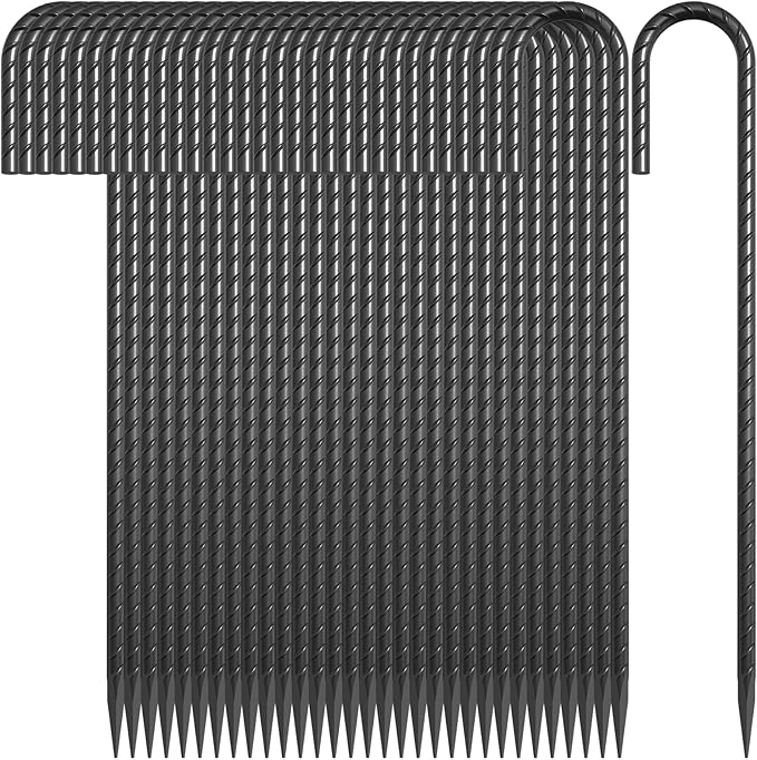 J Hook Rebar Stakes 12 Inch 32 Pack, 5/16 Inch Diameter Heavy Duty Steel Tent Stakes, Black E-Coated Anti-Rust Ground Anchors for Fencing, Tarp, Outdoor Decorations, Inflatables, Bounce House