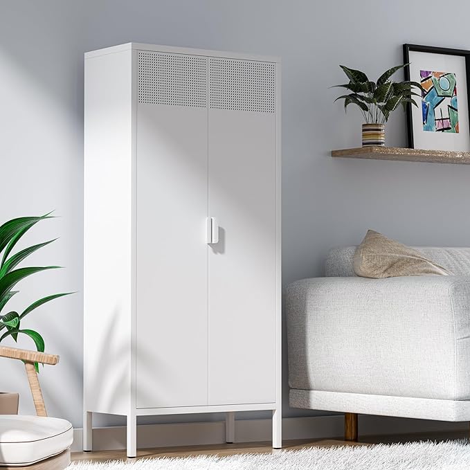 Metal Storage Cabinet with Adjustable Shelves, White, 61''H x 27.56''W 13.78''D, for Kitchen, Laundry Room, Home Office, Kids Room