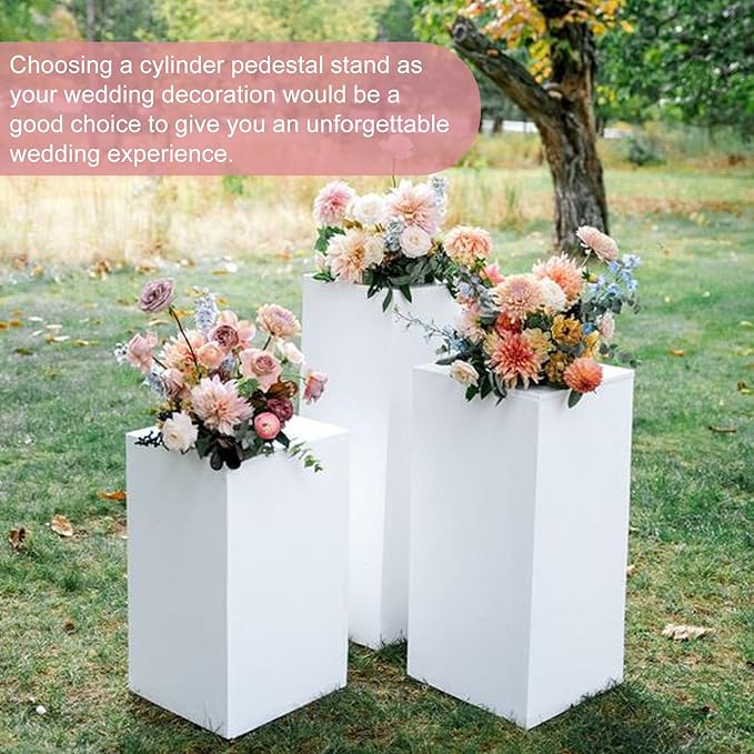 HAISIWLKJ 3PCS Square Pedestal Stands for Parties, White Metal Square Plinths Dessert Table Cube Display Pillars for Birthday Wedding Bridal Baby Shower Party Decorations(Small)