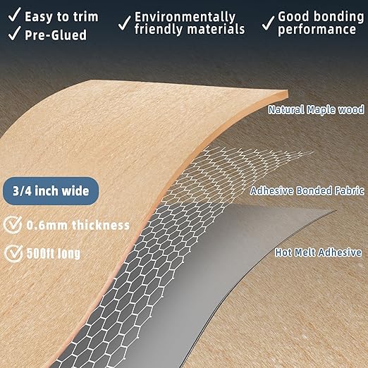 Maple Edge Banding, 3/4 inch x 500ft roll of Wood Edge Banding Pre-glued Flexible, Veneer Tape Banding for Cabinet Repair