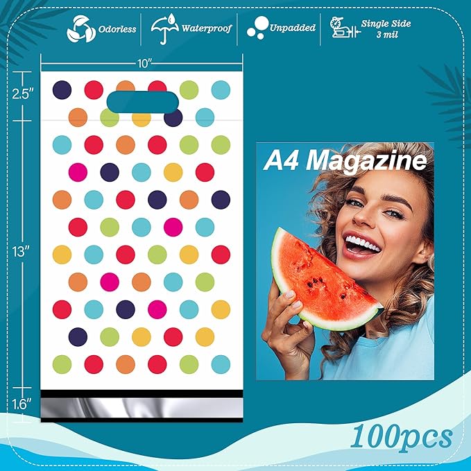 JinRuiKJ Poly Mailers with Handle 10x13 Inch 100 Pcs, Easy to Carry Packaging Bags for Small Business, Thank You Shipping Bags with Self Adhesive Strip, Tearproof and Waterproof - Colorful Polka Dot