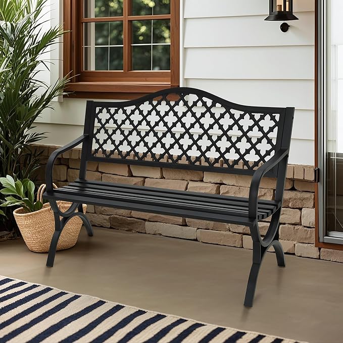 MFSTUDIO 50" Black Outdoor Metal Garden Bench with Arch Legs, Cast Iron Frame Patio Furniture with E-Coating, Perfect for Porch and Yard