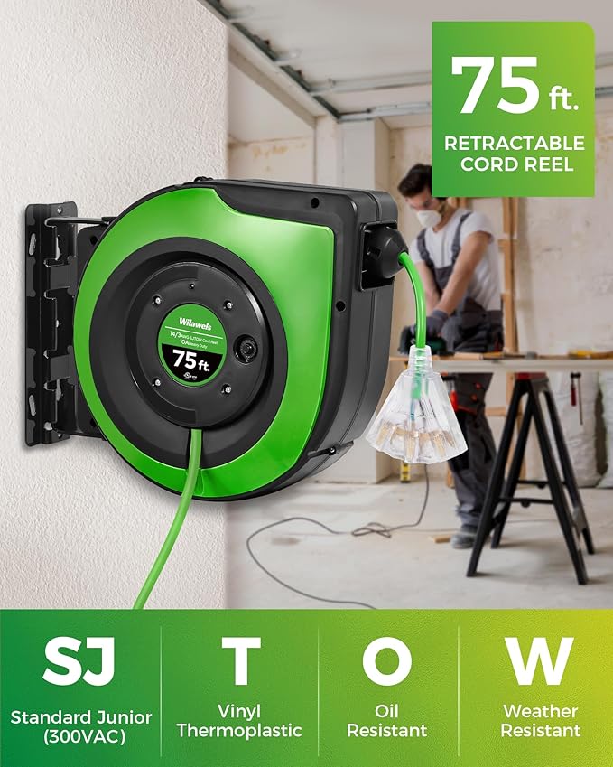 Retractable Cord Reel, 75 FT Heavy Duty Extension Cord, 14AWG/3C SJTOW, 3 Grounded Outlets Lighted Triple Tap, 10A Circuit Breaker, Wall/Ceiling Mounted, UL Listed, Green J75CR06