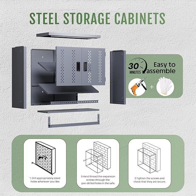 Metal Garage Wall Cabinet, Wall Mounted Storage Cabinets with Doors, Floating Steel Cabinet with Adjustable Shelves and Open Drawer, Heavy-Duty Tool Organizer for Warehouse, Basement, Kitchen