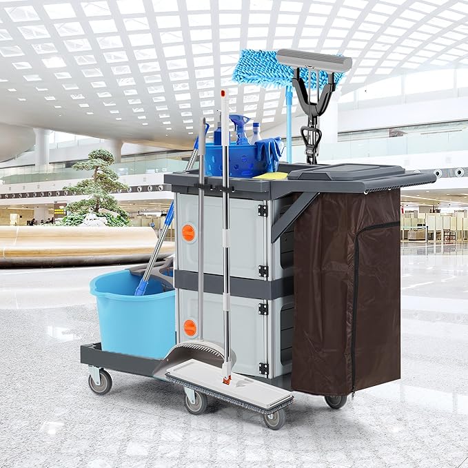 Heavy-Duty Commercial Janitorial Cleaning Cart with 2 Cabinets, 3 Shelves, Vinyl Bag, and Wheels for Housekeeping in Hotels, Schools, and Apartments