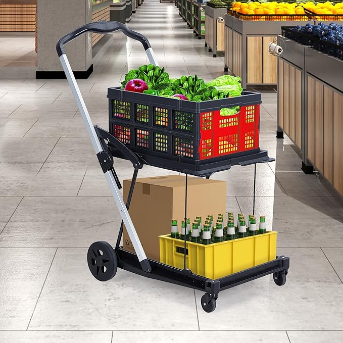 Foldable Shopping Cart with 2 Storage Crates – 2-Tier Collapsible Utility Cart, Aluminum Trolley with 360° Rolling Swivel Wheels & Removable Baskets for Groceries, Office, Travel, Apartment