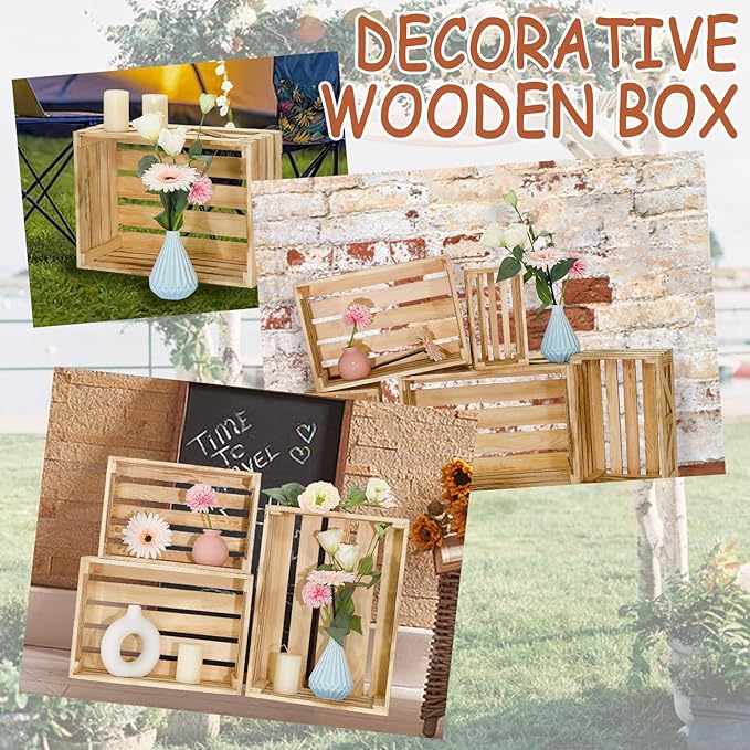 Wooden Crates for Display 5 Pack Wood Storage Crate for Home Rustic Nested Crates with Handles, Farmhouse Wooden Basket for Storage Container and Decorations