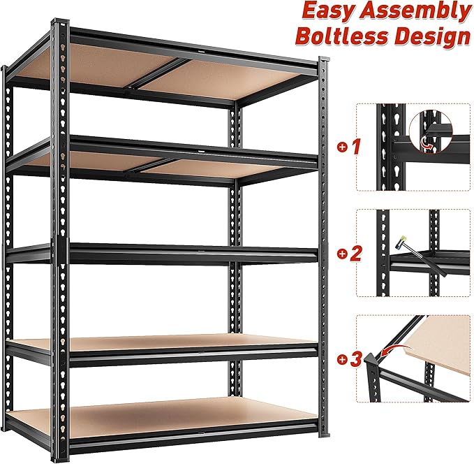 REIBII 2020LBS Storage Shelves 5 Tier Garage Shelving Heavy Duty, Adjustable Metal Shelving Unit, Garage Shelves for Basement, Warehouse, Pantry, Closet, Kitchen 72" H x 35.55" W x 16" D, Black