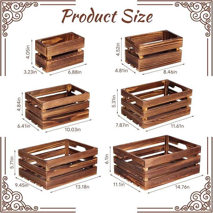 BOBOKA Set of 6 Decorative Wood Crates Nesting Storage Container, 6 Size Farmhouse Wooden Storage Boxes, Rustic Wooden Crates for Storage, Display, Christmas Decorations