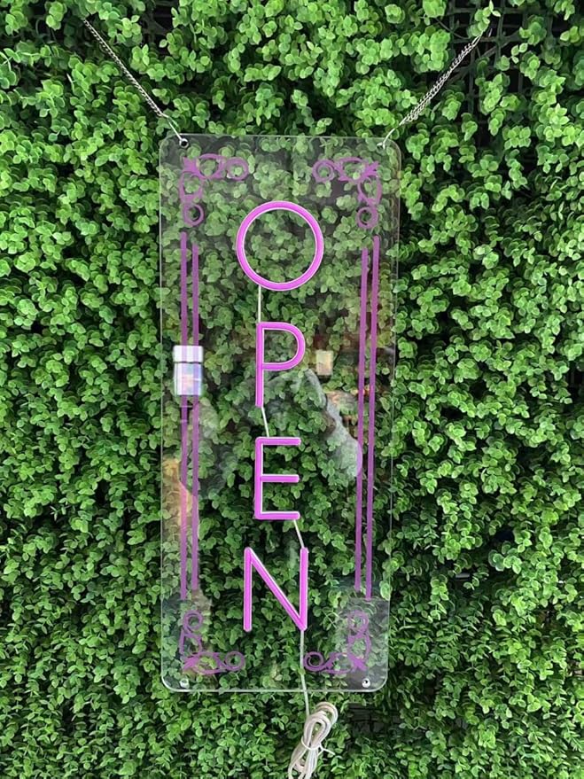 Vertical LED Open Signs for business – Super Bright - UV Printing Pattern, Remote Included - Large Size 18x45'' - Neon Open Sign for Café, Bar, Shop & Business Sign (Purple)