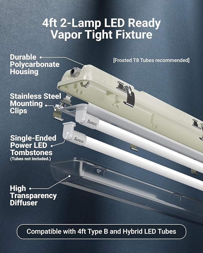 Sunco LED Ready Fixture for Garage Ceiling, 4ft Shop Lights Holds 2 LED Tube Lights, Non-Dimmable, Surface Mount, Works with Type B and Hybrid Tubes, 120-277V, Wet Rated ETL 4 Pack