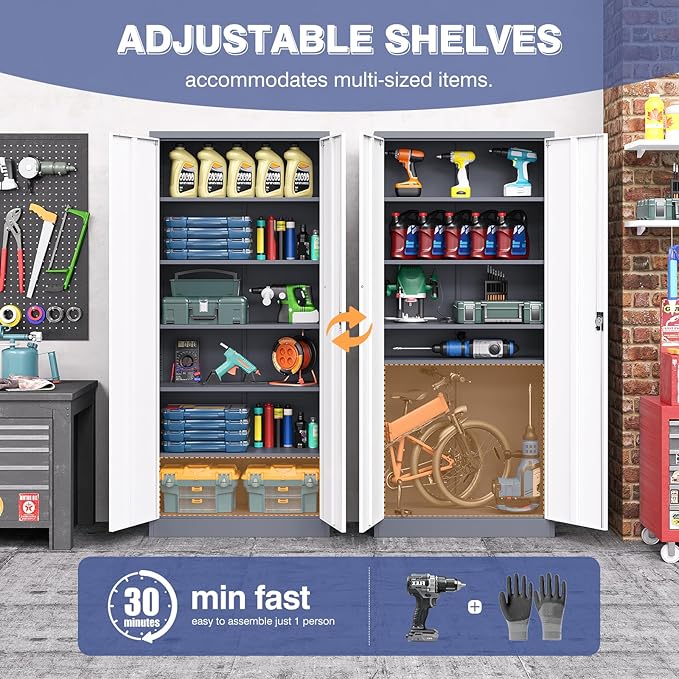 Metal Tool Storage Cabinet,Lockable File Cabinet with 2 Doors and 5 Adjustbale Shelves,Tall Cabinets for Garage Storage Systems for Home Office,Garage,Workshop
