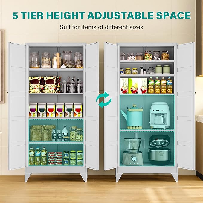 Metal Storages Cabinet with 2 Doors and 5 Shelves,Tall Storage Cabinet,Large Cupboard Closet,Pantry Storage Cabinet for Home,Office,Bathroom,Dining/Living Room (White, 71" H)