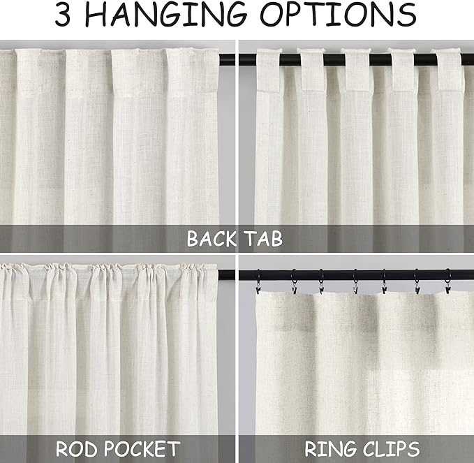 Nanspring Cream Semi Sheer Linen Curtains 63 inch Length for Living Room Back Tab Rod Pocket Modern Farmhouse Coastal Decor Cream Cotton Textured Gauze Curtains for Dining Room Office 38x63
