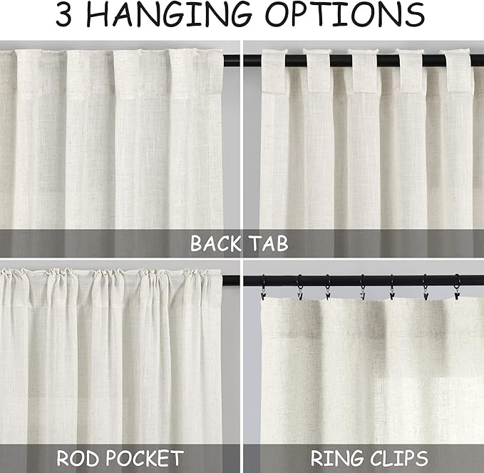 Cream Linen Curtains 68 Inches Long for Bedroom Back Tab Light Filtering Privacy Sheer Curtains Modern Farmhouse Coastal Decor Cotton Textured Gauze Curtain for Bathroom 2 Panel Set 52x68