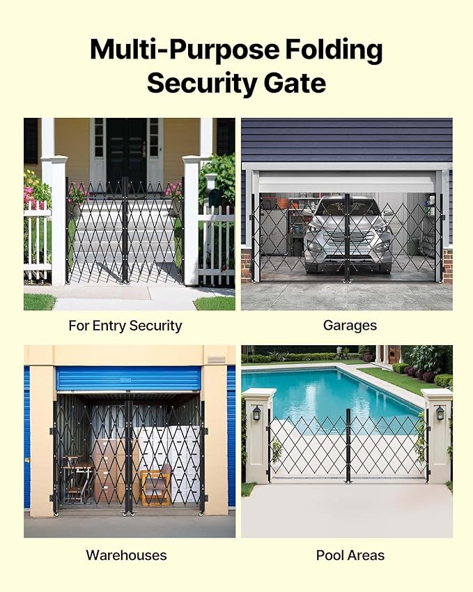 VEVOR Double Folding Security Gate, Lockable Scissor Gate with 360° Swivel Casters, Outdoor Barricade Steel Retractable Gates, for Entry Security, Garage, Warehouse & Pool, 125.98 x 63.19 in (W x H)