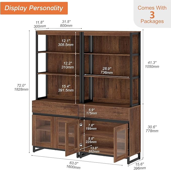 WAMPAT 2 PCS Modern 72" Tall Bookcase with 2 Drawers and Open Book Shelf, Library Book Shelf with Storage Cabinet and Glass Doors, Wood Freestanding Bookshelves for Home Office, Living Room, Brown