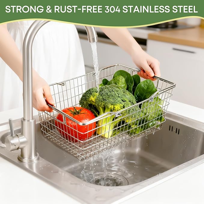 Wire Harvest Basket, Kitchen Organizers and Storage with Foldable Handle - 15.0"x9.8"x6.9" Portable Stainless Steel Picnic Baskets for Gathering Vegetables,Fruits,Kitchen,Garden,Picnic&Shopping (1, L)