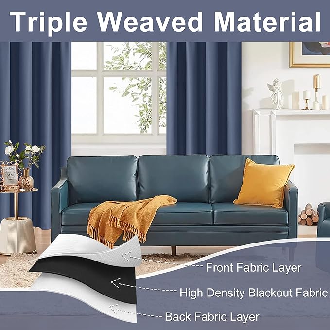 JIUZHEN Blackout Curtains for Bedroom - 70 x 63 Inch Extra Wide Privacy Assured Thermal Insulated Room Darkening Sliding Door Curtains for Living Room, Set of 2 Panels with Tiebacks, Dusty Blue