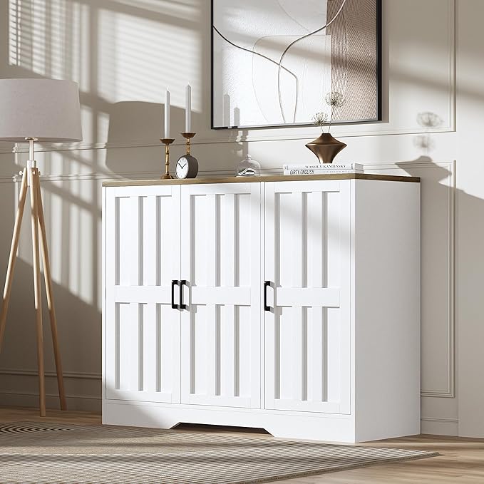 Farmhouse Sideboard Buffet Cabinet with Doors, 42.5" Kitchen Storage Cabinets for Hallway, Living Room (Classical White)