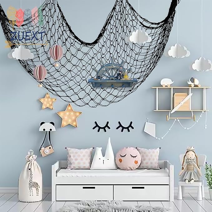 ZUEXT Decorative Fishing Net 80x40 Inch, 2 Pack Large Black Picture Fish Net, Wall Photo Hanging Fishnet for Nautical Mermaid Pirate Ocean Themed Hawaii Beach Under The Sea Party Decorations