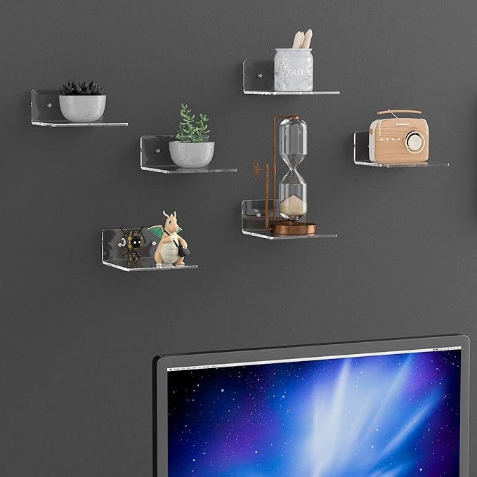 6 Inches Acrylic Small Wall Shelves 2 Pack, Floating Shelf for Wall Mounting, Acrylic Display Ledges for Funko Pop Figures, Home Décor, Living Room, Gaming Room, Plants(6 inch, Clear)