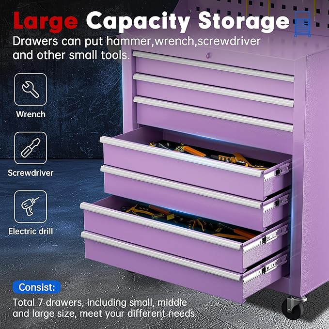 Superday Rolling Tool Chest, 7 Drawer Portable Tool Chest with Wheels, Tool Storage Cabinet with Lock for Garage, Steel Tool Cart with Pegboard & Hooks for Workshop, Warehouse (Purple)