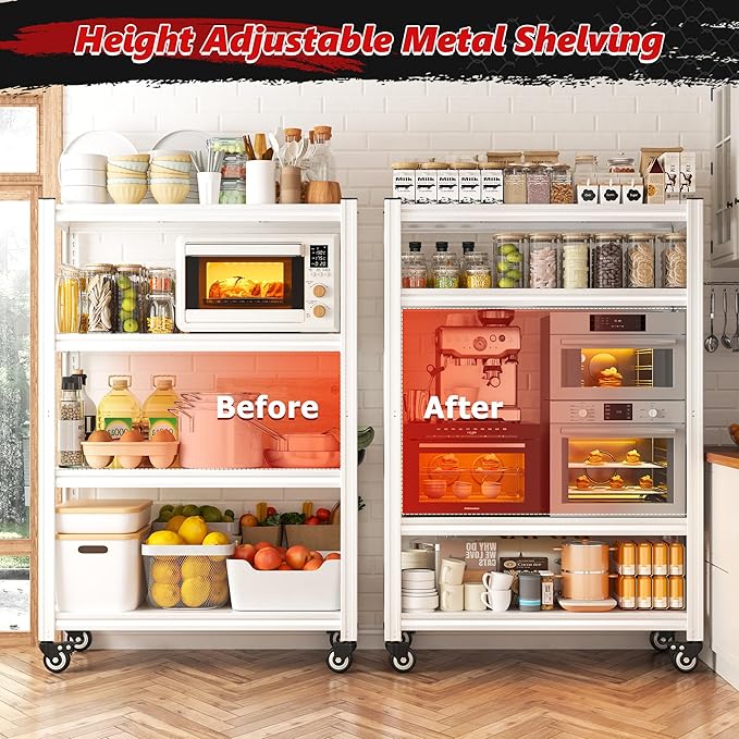 REIBII 4 Tier Storage Shelves with Wheels, 530LBS Pantry Shelves, Adjustable Metal Shelving Unit for Pantry, Kitchen, Living Room, Laundry, Home Office, 59.8" H x 31.5" W x 16.5" D, White