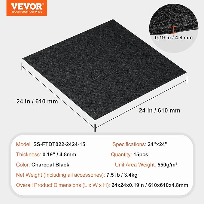 VEVOR 24 x 24 Peel and Stick Carpet Tiles Squares with Self Adhesive & Soft Padded for Indoor Outdoor Kitchen Living Room Bedrooms - Pack of 15/60 sq ft