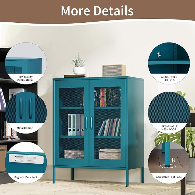 Metal Storage Cabinet with Mesh Doors,Steel Display Cabinet with Adjustable Shelves,Metal Office Storage Locker for Home Office,Garage(Blue, 40''H)