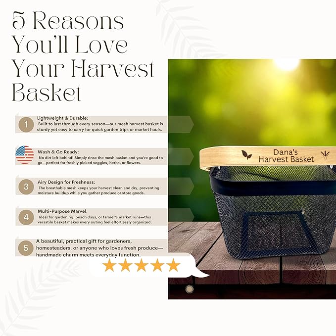 Personalized Mesh Harvest Basket with Custom Engraved Handle, Gift For Gardeners, Vegitable Harvesting Basket, Gardening Tools 9x7x7in