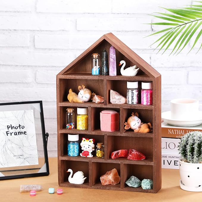 House Shaped Wooden Shadow Cubby Box 10 W x 2 1/4 D x 15 H Hanging Display Shelf Organizer Wall Mounted Curio Cabinet Wooden Display Case Miniature Shelf for Figures(Brown)