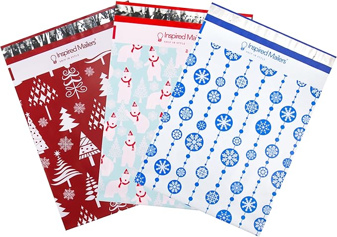 Inspired Mailers - Christmas Poly Mailers 10x13 Holiday Variety Pack of 30-10 each: Polar Bears, Red Christmas Trees, Blue Snowflake Baubles (10x13, 30 Pack)