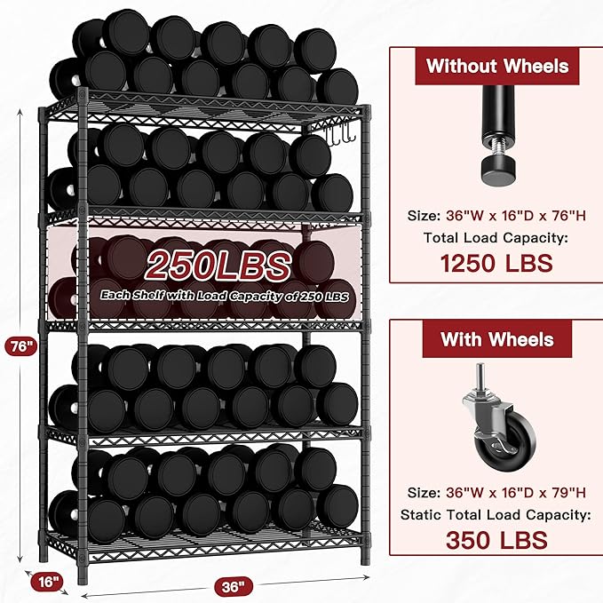 PrimeZone 36" W x 16" D x 79" H Wire Storage Shelves with Wheels, 5 Tier NSF Certified Heavy Duty Adjustable Kitchen Shelving Unit, Pantry Organizer Rack Rolling Metal Shelf for Garage Closet Bathroom