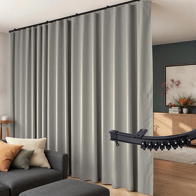 Room Divider Curtains Flexible Ceiling Tracks set Curtain track Ceiling Mount Blackout Curtain for Living Room Bedroom Ceiling Curtain Rod Privacy Dividers Panel W150xH120 Light Grey Drape&Black rail
