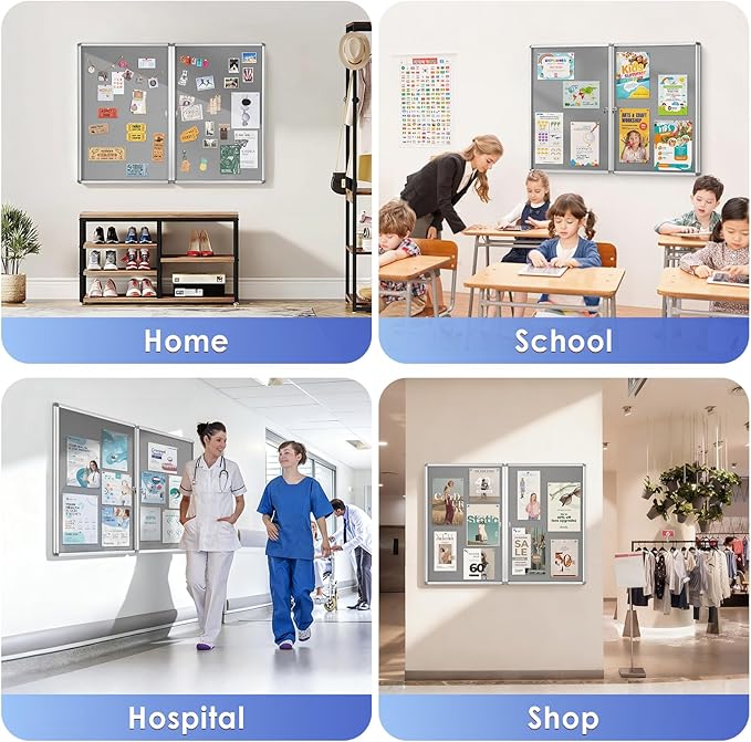 SWANCROWN Enclosed Bulletin Board 36x24 in, Tamperproof Lockable Grey Felt Board Wall Display Case for Office School Commerce, Aluminum Frame, Pack of 2