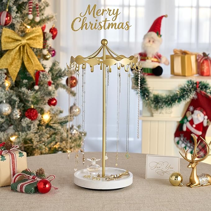 Lolalet Rotating Necklace Holder Stand with Metal Hooks, Spinning Display Carousels, Freestanding Organizer Hanger, for Long Necklaces Chains -Gold
