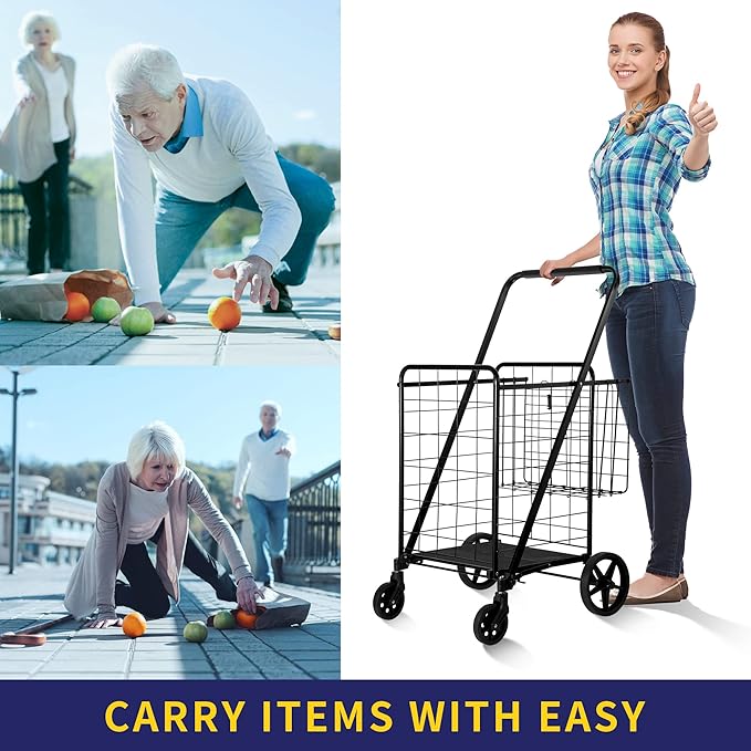 Folding Shopping Cart, Grocery Cart, 340 Lb Capacity, Utility Cart with 360° Rolling Swivel Wheels, Large & Extra Basket