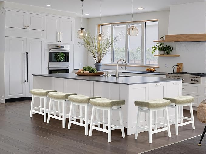 Counter Height Bar Stools Set of 4 for Kitchen Counter Farmhouse Modern Barstools with Faux Leather Upholstered Backless Seat and Solid Wood Legs 24 inch Bar Chairs, Light Grey + White