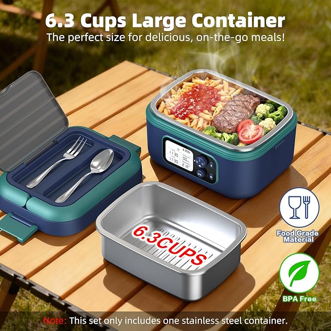 Dravel Cordless Heated Lunch Box for Men, 6.3 Cup 100W Electric Lunch Box Food Warmer with 24000mAh Battery for Self Heating, Including Cutlery, Insulated Bag and Divider for Women Adults(Blue+Green)