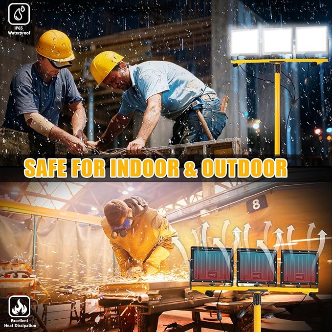 27000 Lumen LED Work Lights on Stand - 3 Head Portable Tripod Work Light- IP65 Waterproof Construction Lights with Stand for Outdoor Indoor Job Site Workshop Garage Commercial Flood Light with Stand